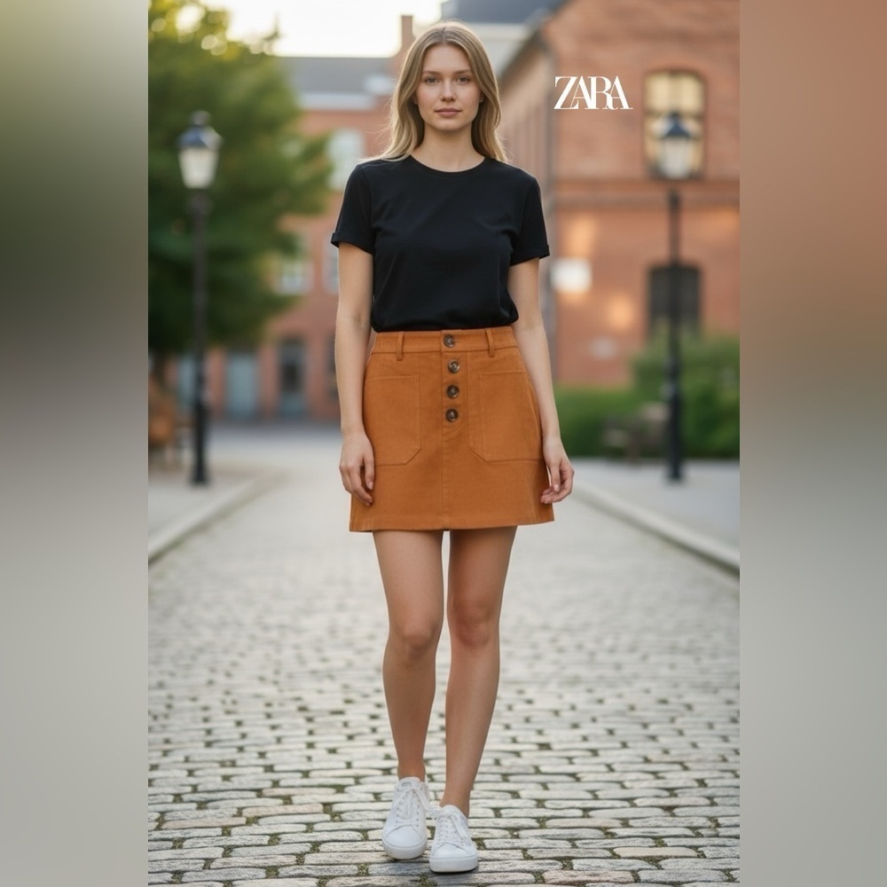 NWOT, ZARA, Faux Suede Decorative Pocket Mini Skirt, Medium, Caramel